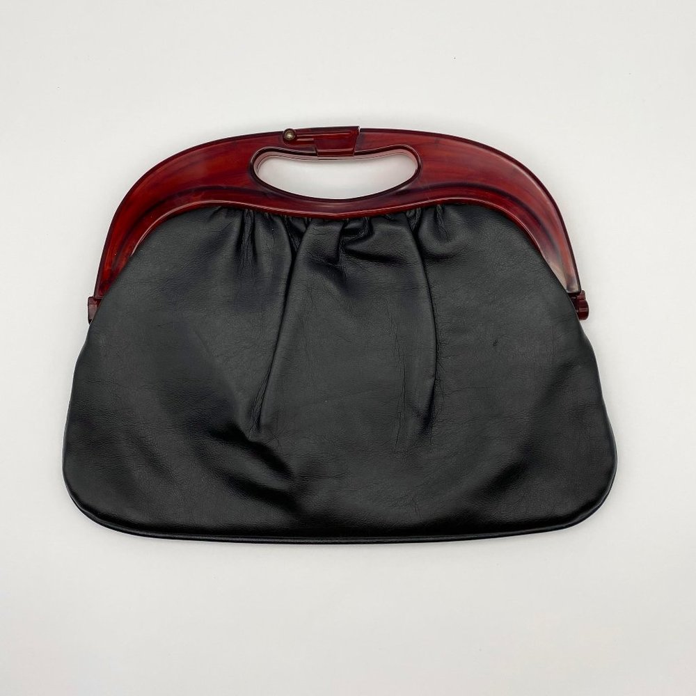 Vintage Black Faux Leather Clutch with Maroon Handle - Retro Purse - Handbag